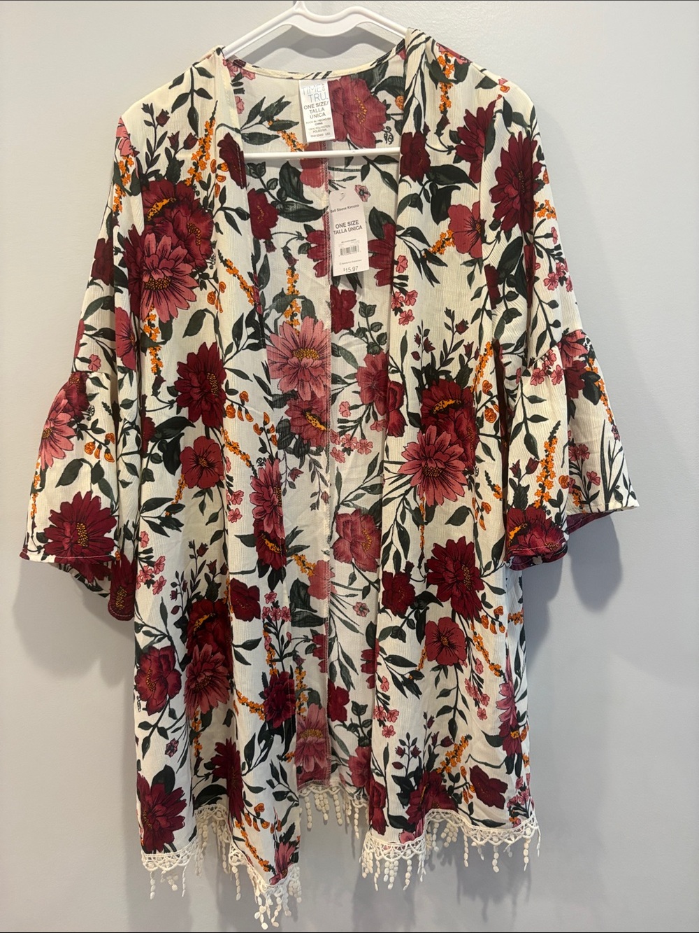 Lace-Trim Floral Kimono Tunic - Cream with Burgundy Flowers
